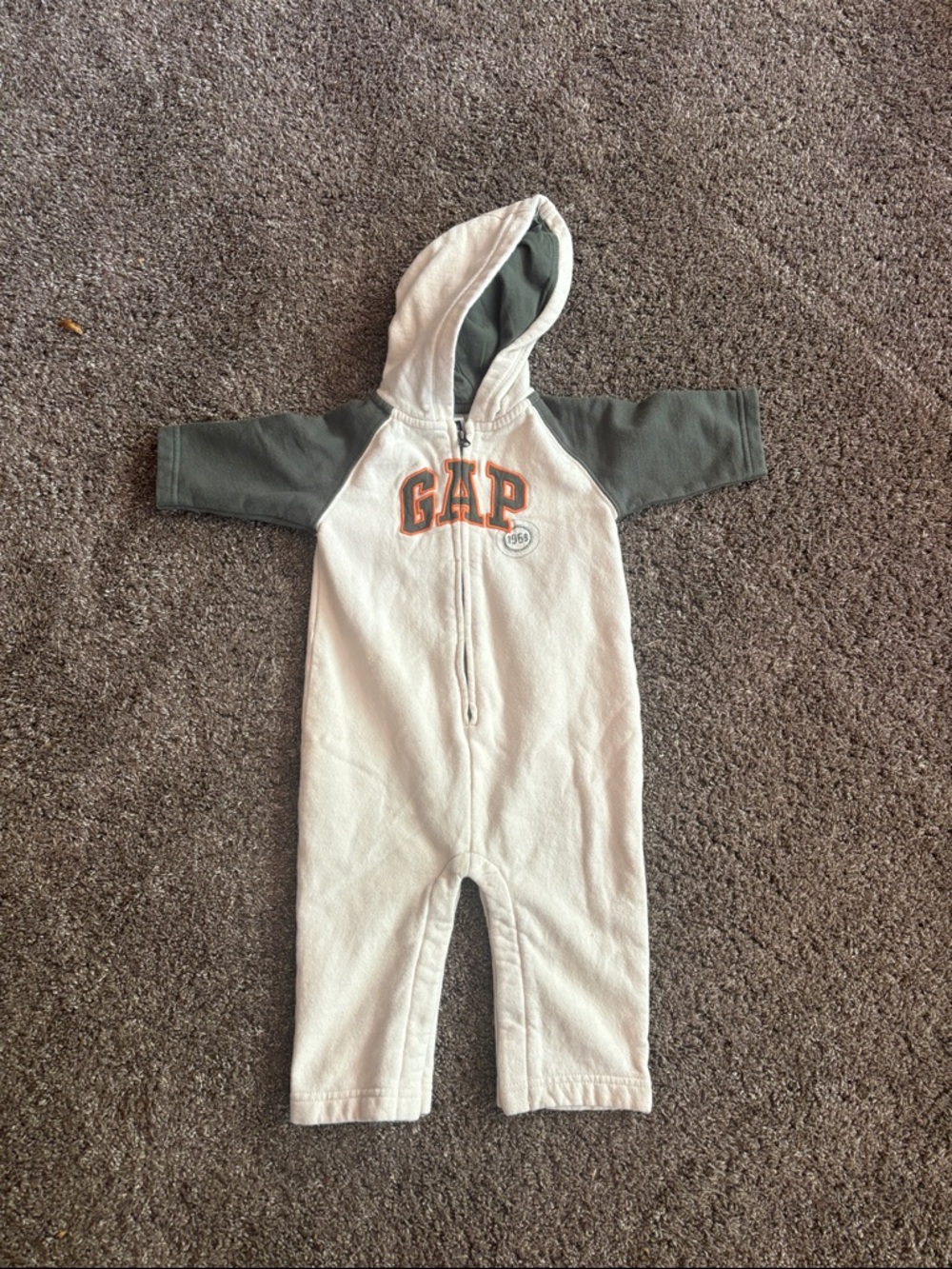 GAP Cream and Olive Hooded Fleece One-Piece with Orange Logo